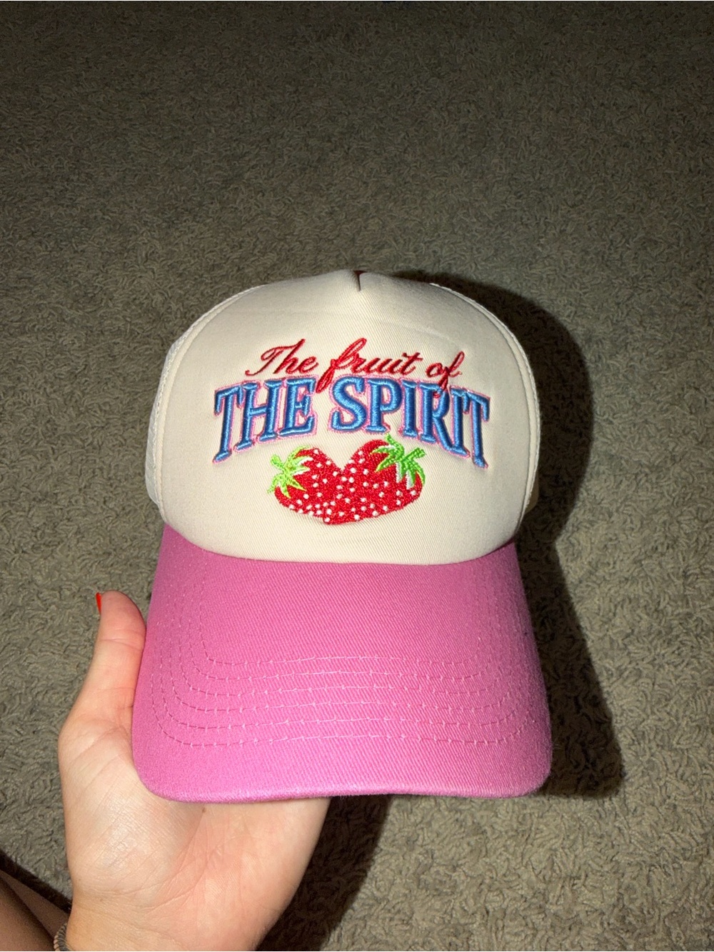 Altar'd State Cream and Pink 'The Fruit of The Spirit' Strawberry Trucker Hat